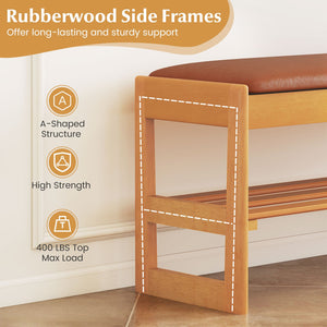 Shoe Rack Bench with Storage 2-Tier Rubberwood Entryway Bench with Flip-Open Storage-Brown view 9