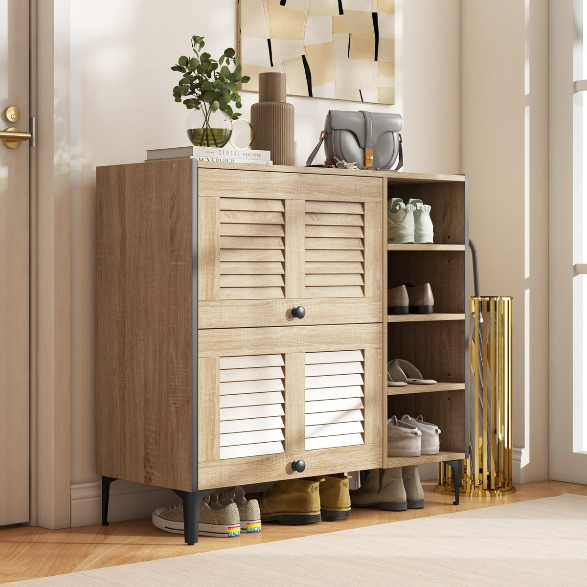 Shoe Rack Organizer with Flip-up See-through Doors and Adjustable Shelves-Oak view 2