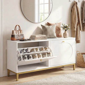 Shoe Storage Bench Narrow Entryway Bench with 2 Flip Drawers Adjustable Shelves-White view 2