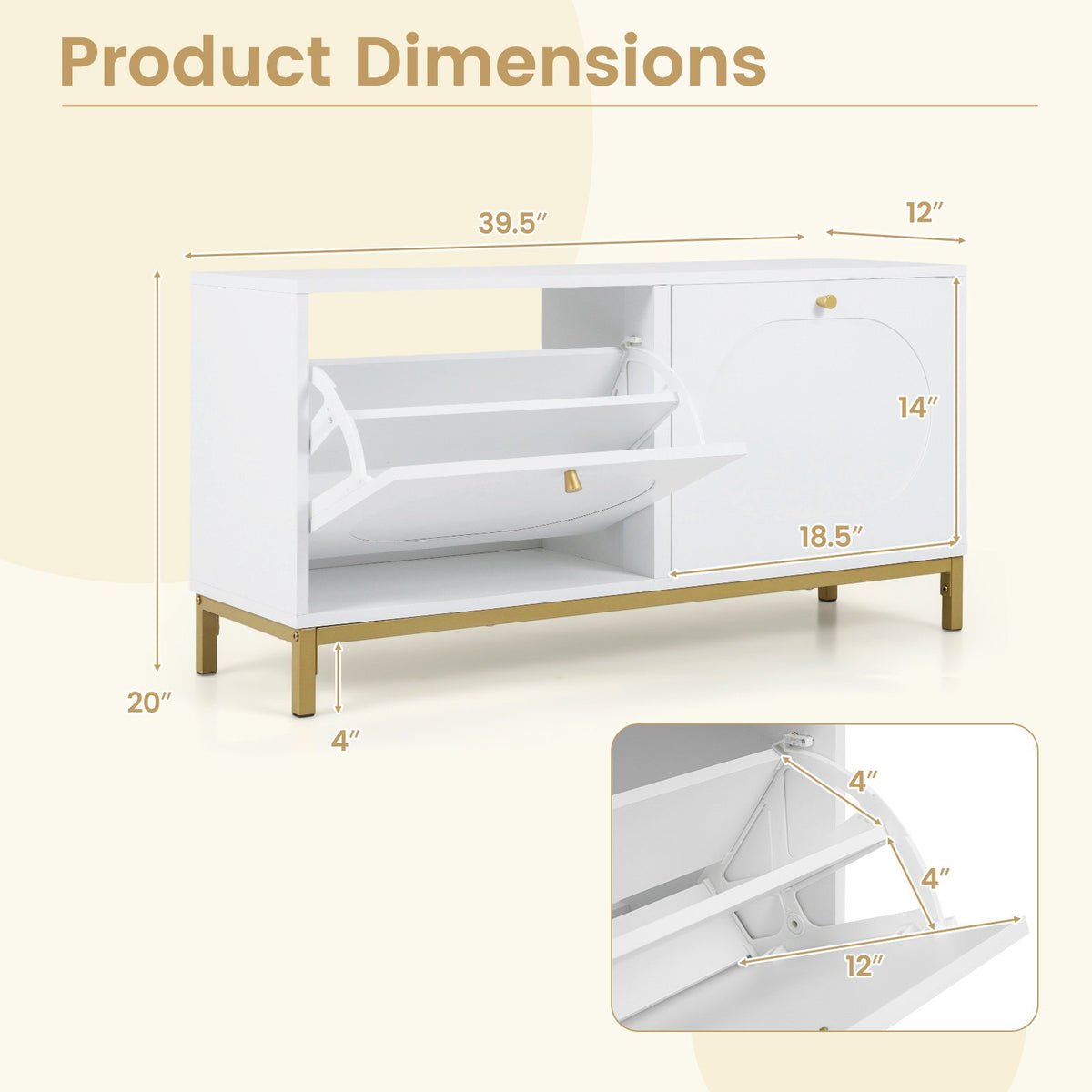 Shoe Storage Bench Narrow Entryway Bench with 2 Flip Drawers Adjustable Shelves-White view 5