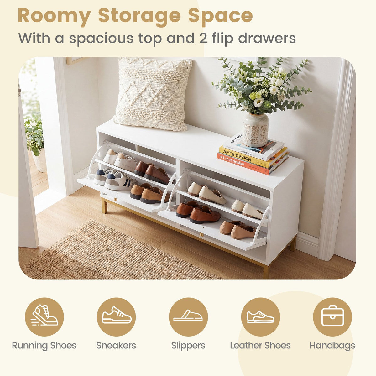Shoe Storage Bench Narrow Entryway Bench with 2 Flip Drawers Adjustable Shelves-White view 7