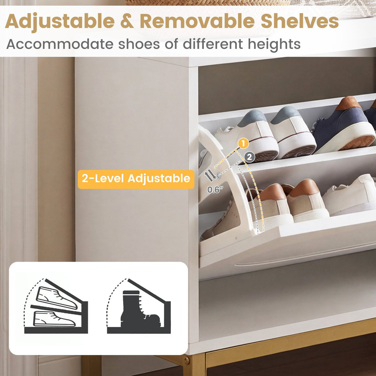 Shoe Storage Bench Narrow Entryway Bench with 2 Flip Drawers Adjustable Shelves-White view 8
