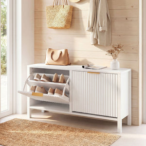 Shoe Storage Bench Narrow Wooden Entryway Bench with 2 Flip Drawers-White view 2