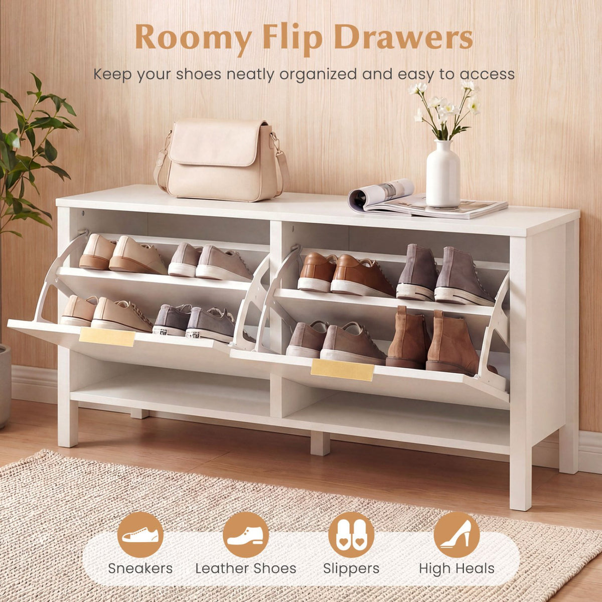 Shoe Storage Bench Narrow Wooden Entryway Bench with 2 Flip Drawers-White view 7