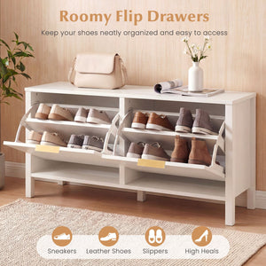 Shoe Storage Bench Narrow Wooden Entryway Bench with 2 Flip Drawers-White view 7