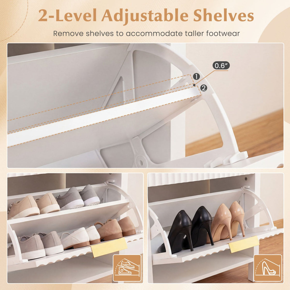 Shoe Storage Bench Narrow Wooden Entryway Bench with 2 Flip Drawers-White view 8