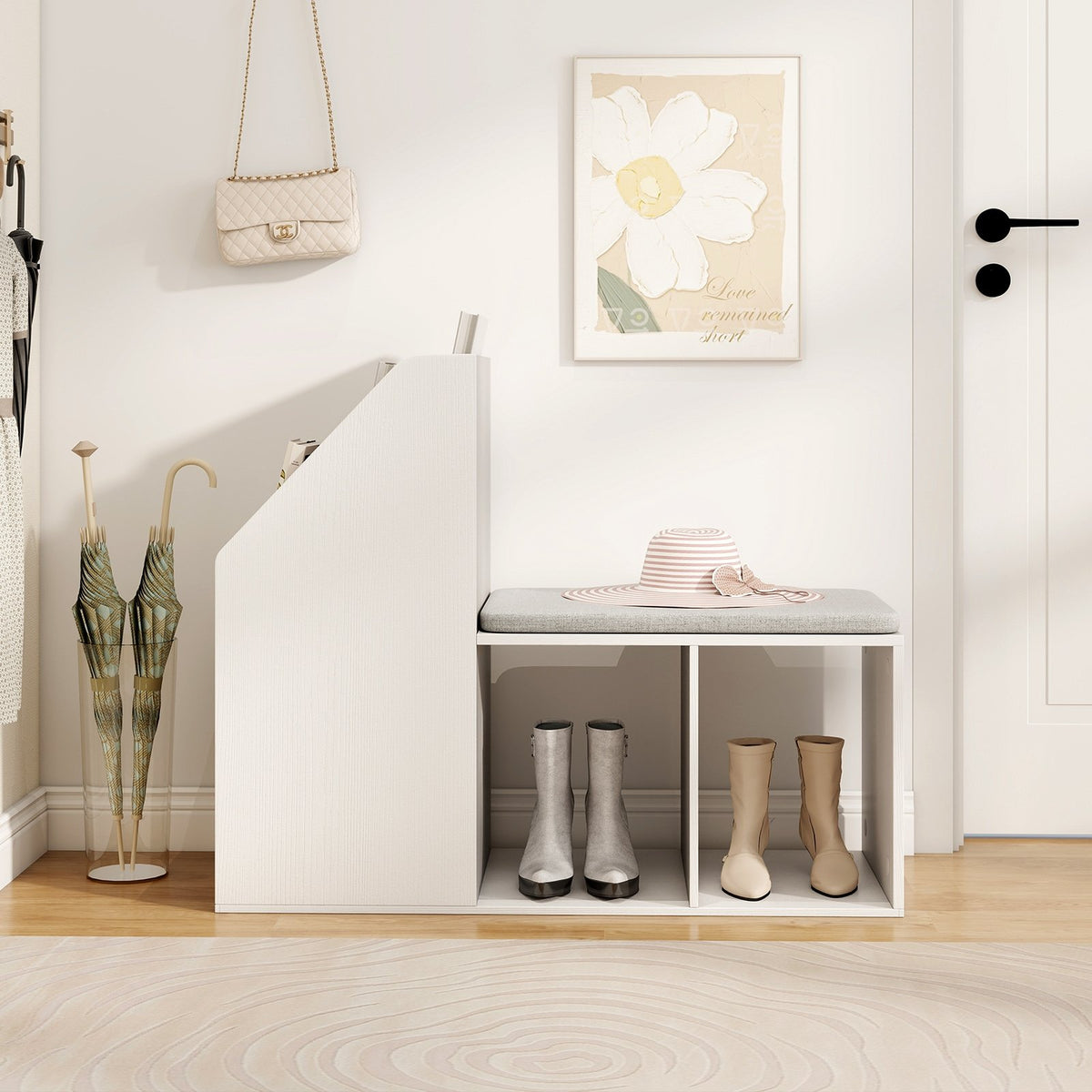 Shoe Storage Bench with Removable Seat Cushion and 6 Storage Compartments-White view 2