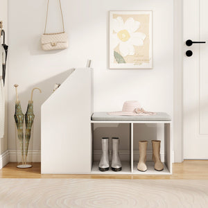Shoe Storage Bench with Removable Seat Cushion and 6 Storage Compartments-White view 2