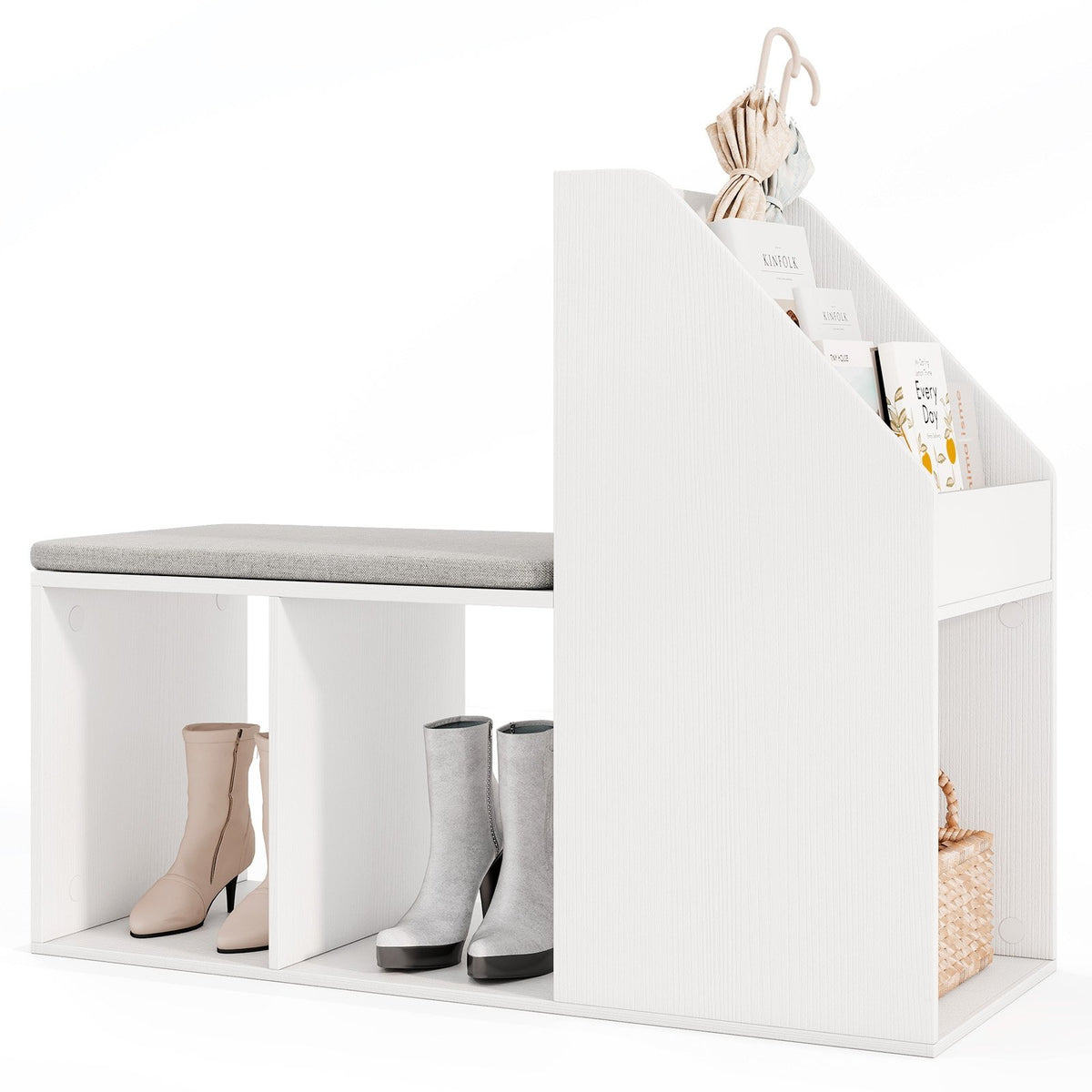 Shoe Storage Bench with Removable Seat Cushion and 6 Storage Compartments-White view 4