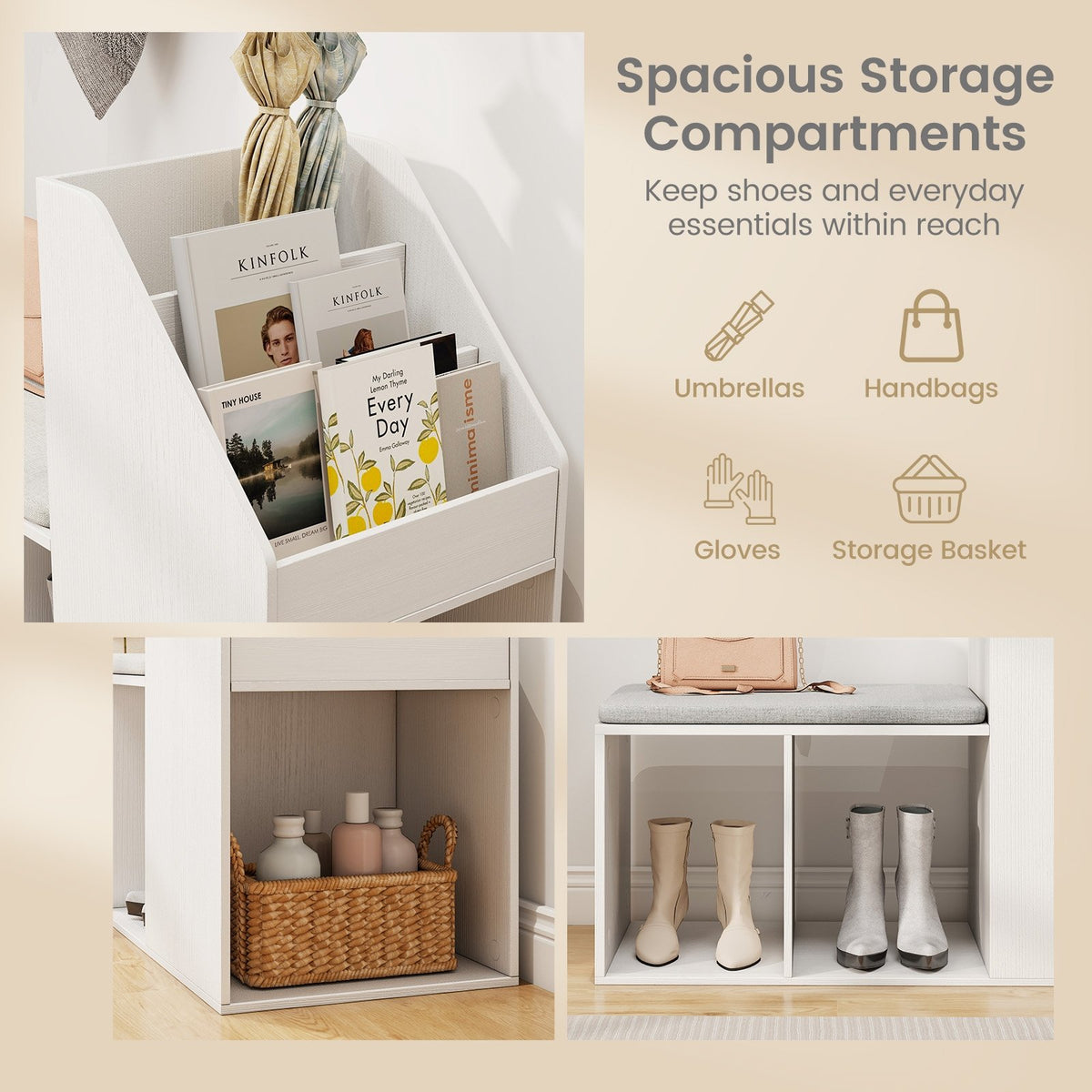 Shoe Storage Bench with Removable Seat Cushion and 6 Storage Compartments-White view 7