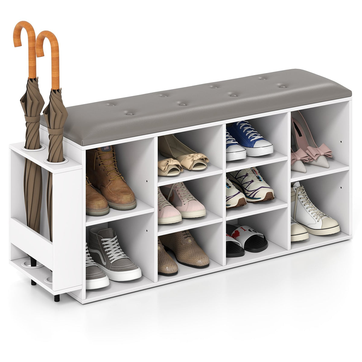 Shoe Storage Bench with Umbrella Stand and Adjustable Shelf-White view 4