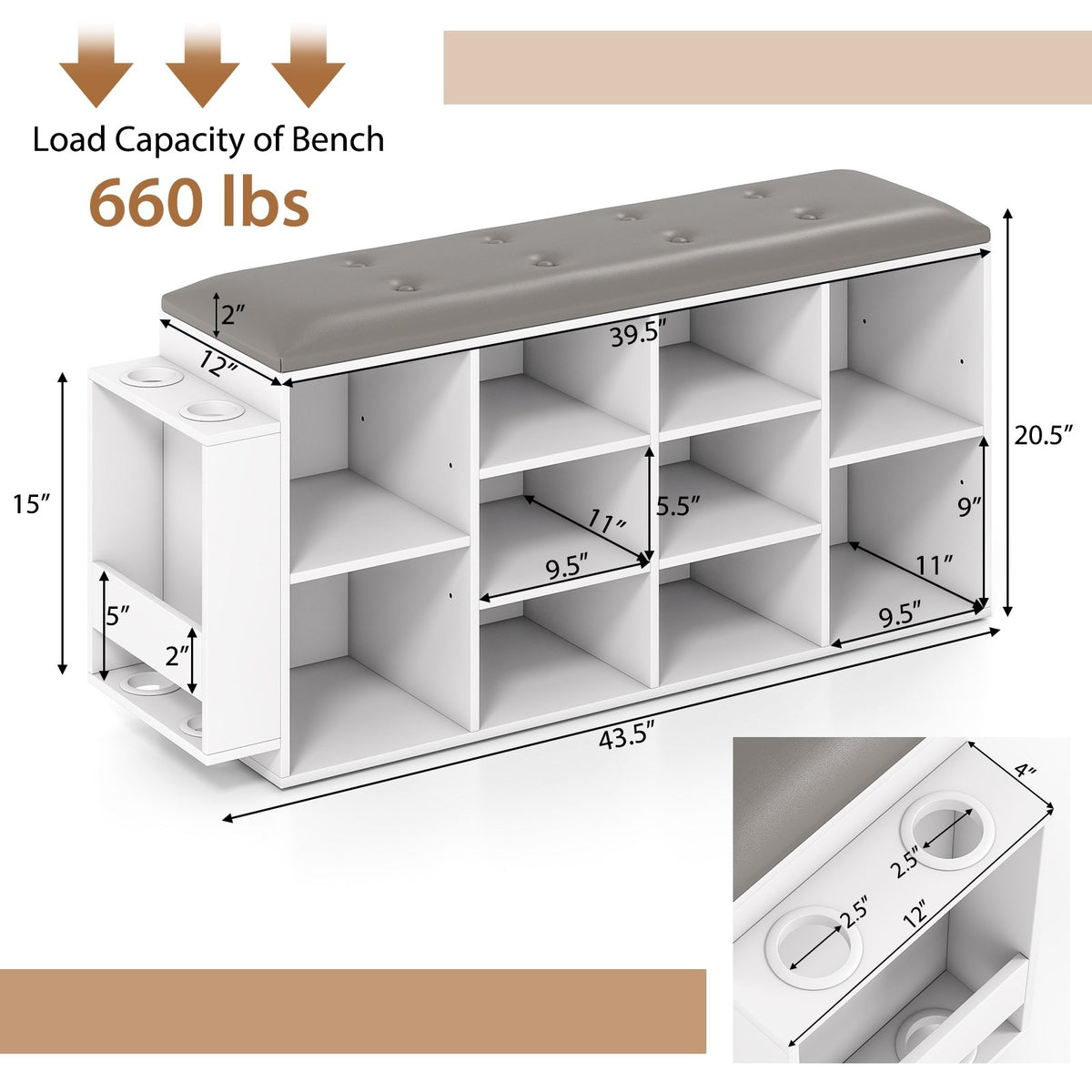 Shoe Storage Bench with Umbrella Stand and Adjustable Shelf-White view 5