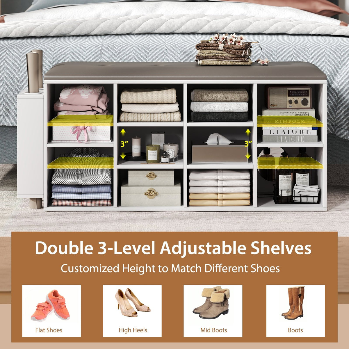 Shoe Storage Bench with Umbrella Stand and Adjustable Shelf-White view 6