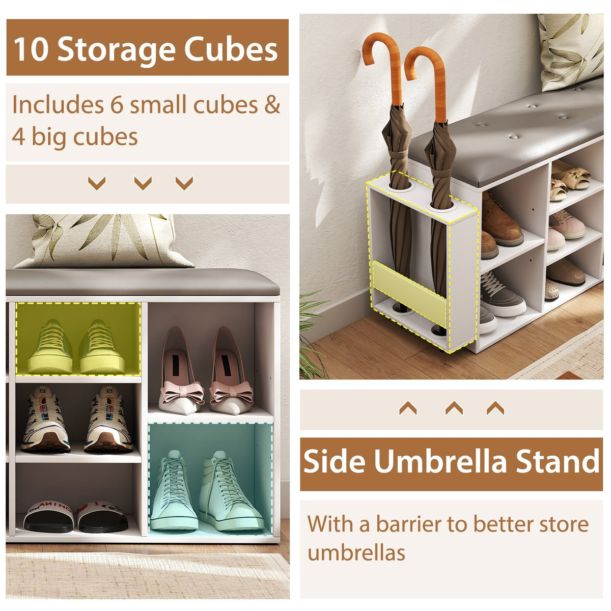 Shoe Storage Bench with Umbrella Stand and Adjustable Shelf-White view 7