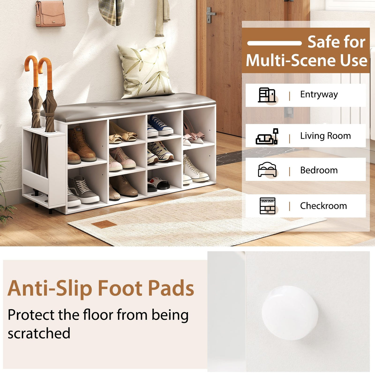 Shoe Storage Bench with Umbrella Stand and Adjustable Shelf-White view 9