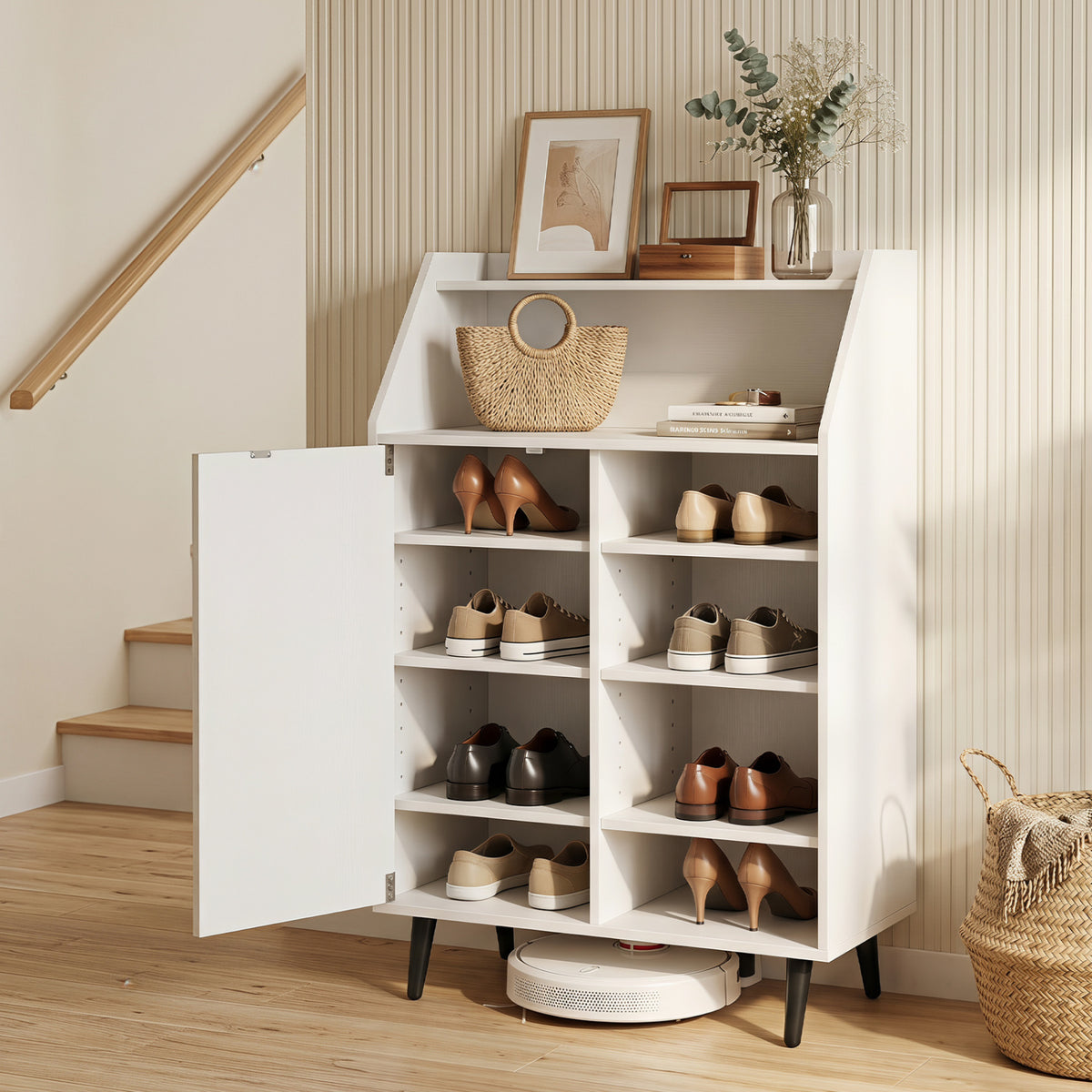 Shoe Storage Cabinet with 2-Tier Open Compartment and 4-Tier Adjustable Shelf-White view 2
