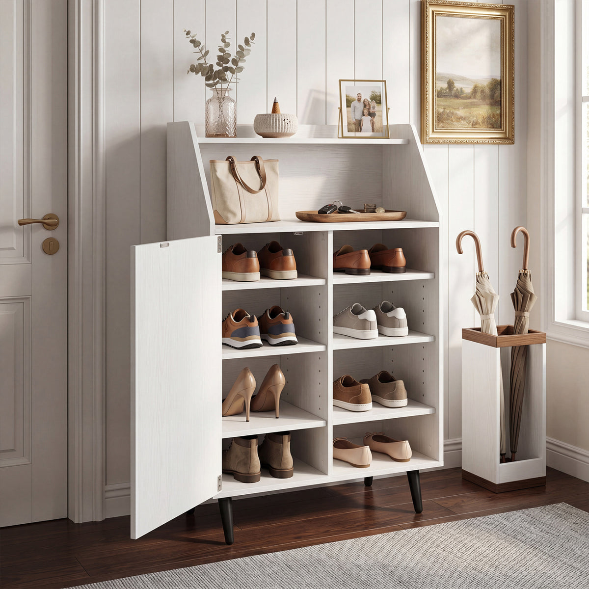 Shoe Storage Cabinet with 2-Tier Open Compartment and 4-Tier Adjustable Shelf-White view 3