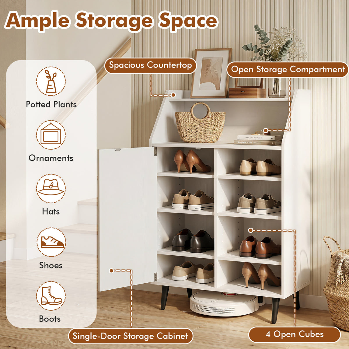 Shoe Storage Cabinet with 2-Tier Open Compartment and 4-Tier Adjustable Shelf-White view 6