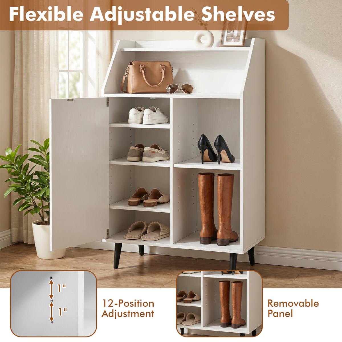 Shoe Storage Cabinet with 2-Tier Open Compartment and 4-Tier Adjustable Shelf-White view 7