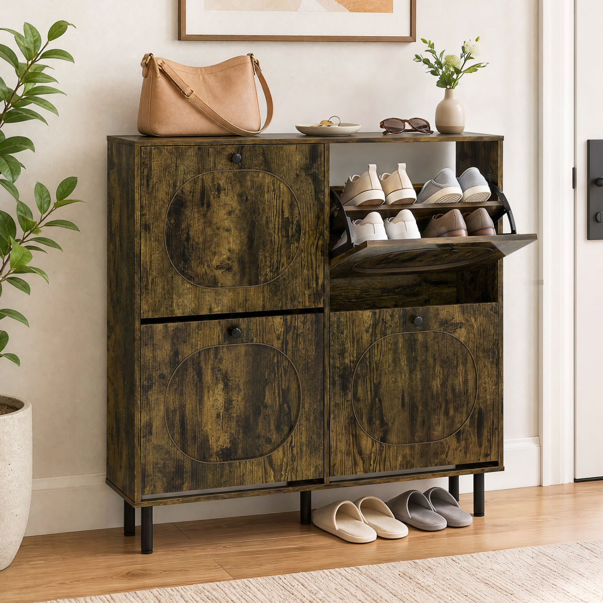 Shoe Storage Cabinet with 4 Flip Drawers and Aluminum Legs for Foyer and Hallway-Rustic Brown view 2