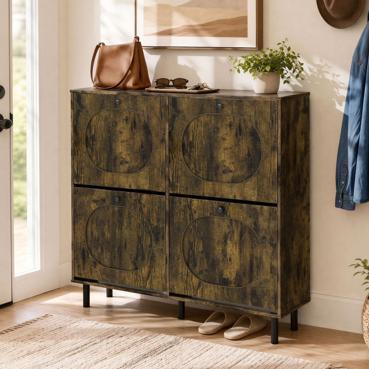 Shoe Storage Cabinet with 4 Flip Drawers and Aluminum Legs for Foyer and Hallway-Rustic Brown view 3