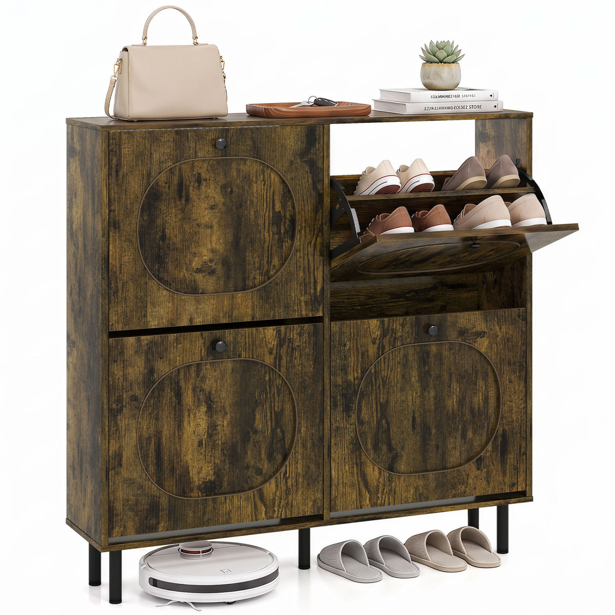 Shoe Storage Cabinet with 4 Flip Drawers and Aluminum Legs for Foyer and Hallway-Rustic Brown view 4