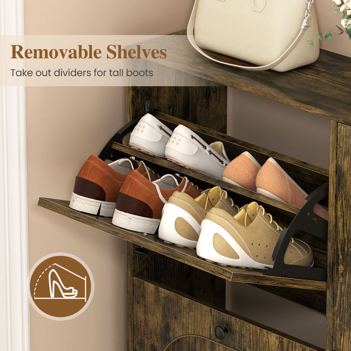 Shoe Storage Cabinet with 4 Flip Drawers and Aluminum Legs for Foyer and Hallway-Rustic Brown view 6