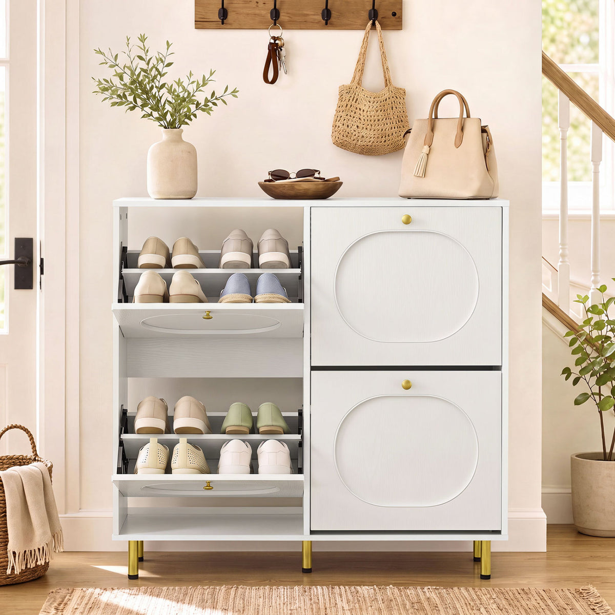 Shoe Storage Cabinet with 4 Flip Drawers and Aluminum Legs-White view 3