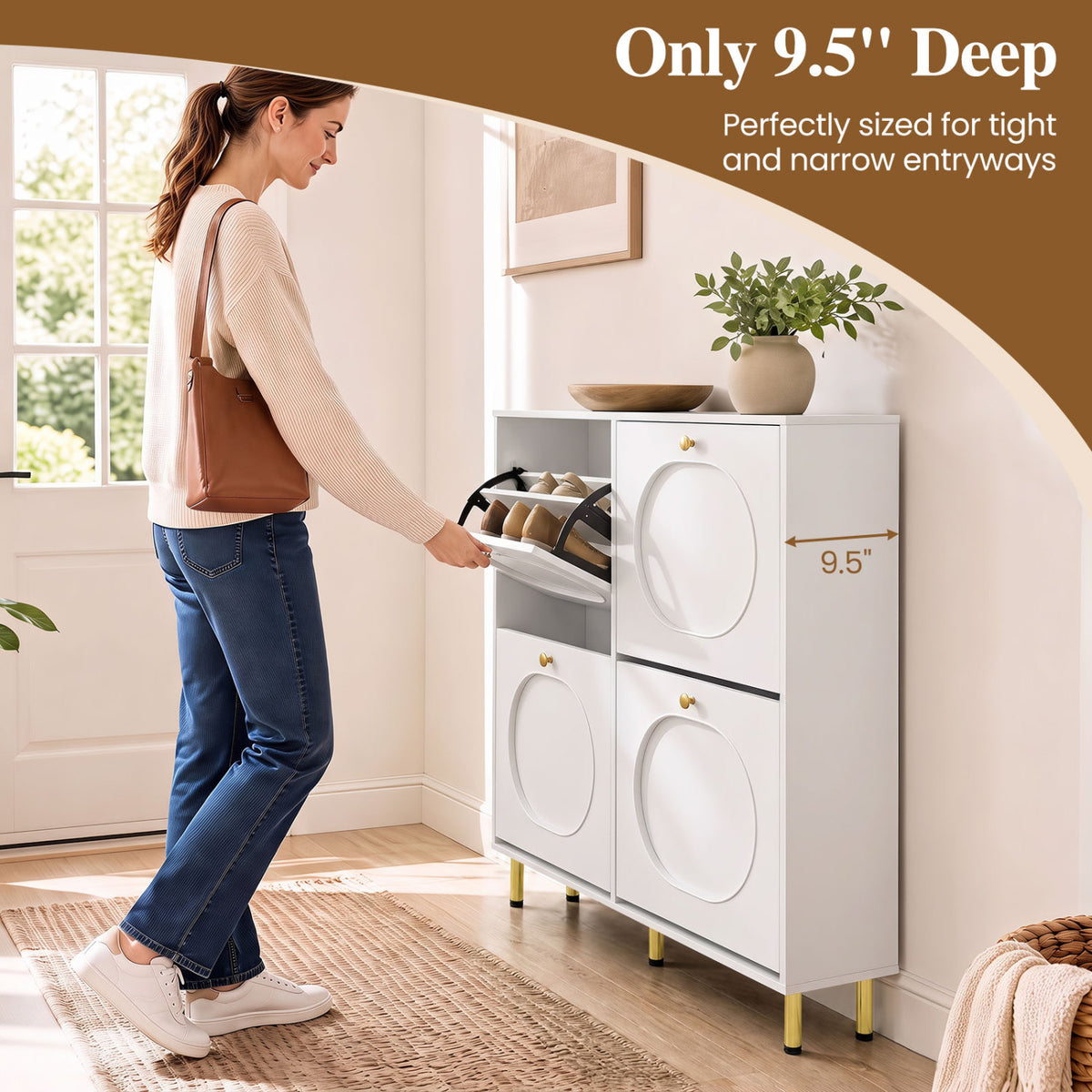 Shoe Storage Cabinet with 4 Flip Drawers and Aluminum Legs-White view 6