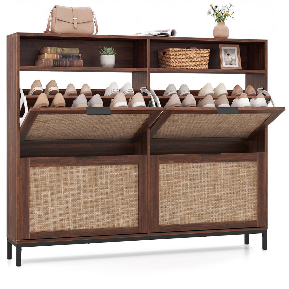 Shoe Storage Cabinet with 4 Flip Drawers Narrow Freestanding Shoe Organizer with Adjustable Shelves-Brown