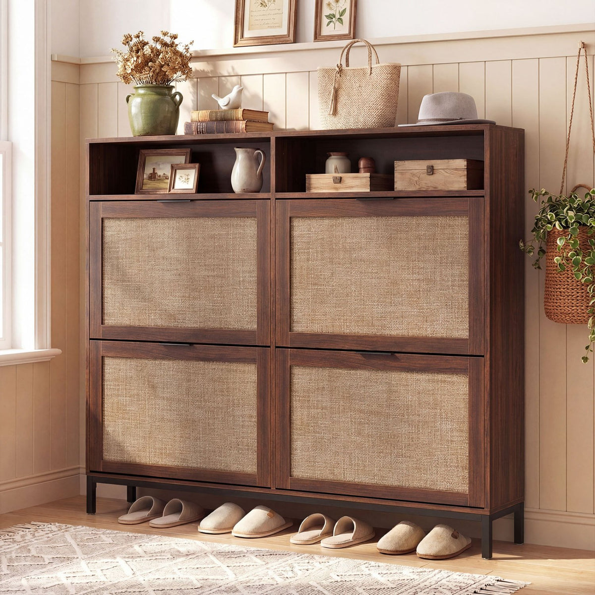 Shoe Storage Cabinet with 4 Flip Drawers Narrow Freestanding Shoe Organizer with Adjustable Shelves-Brown view 2