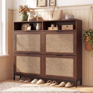 Shoe Storage Cabinet with 4 Flip Drawers Narrow Freestanding Shoe Organizer with Adjustable Shelves-Brown view 2