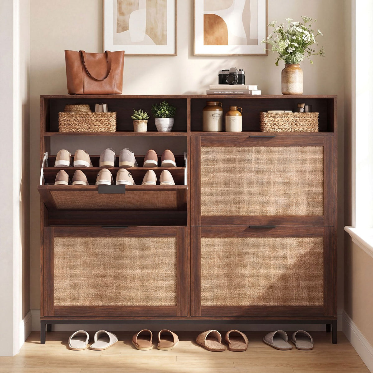 Shoe Storage Cabinet with 4 Flip Drawers Narrow Freestanding Shoe Organizer with Adjustable Shelves-Brown view 3