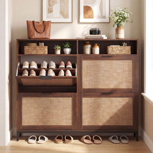 Shoe Storage Cabinet with 4 Flip Drawers Narrow Freestanding Shoe Organizer with Adjustable Shelves-Brown view 3