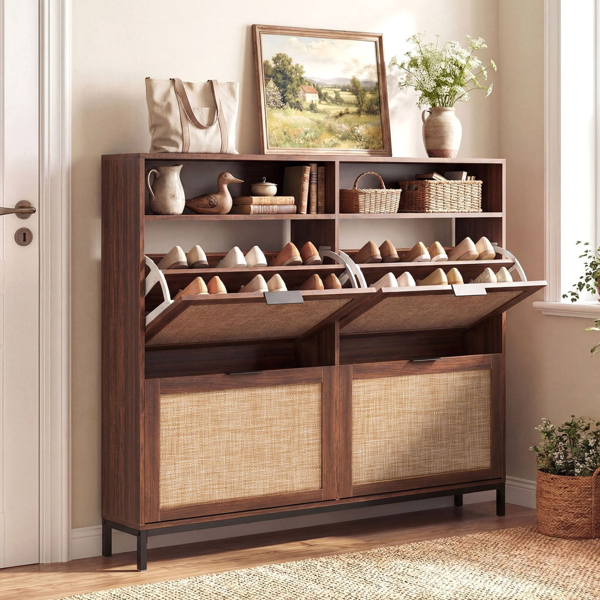 Shoe Storage Cabinet with 4 Flip Drawers Narrow Freestanding Shoe Organizer with Adjustable Shelves-Brown view 6
