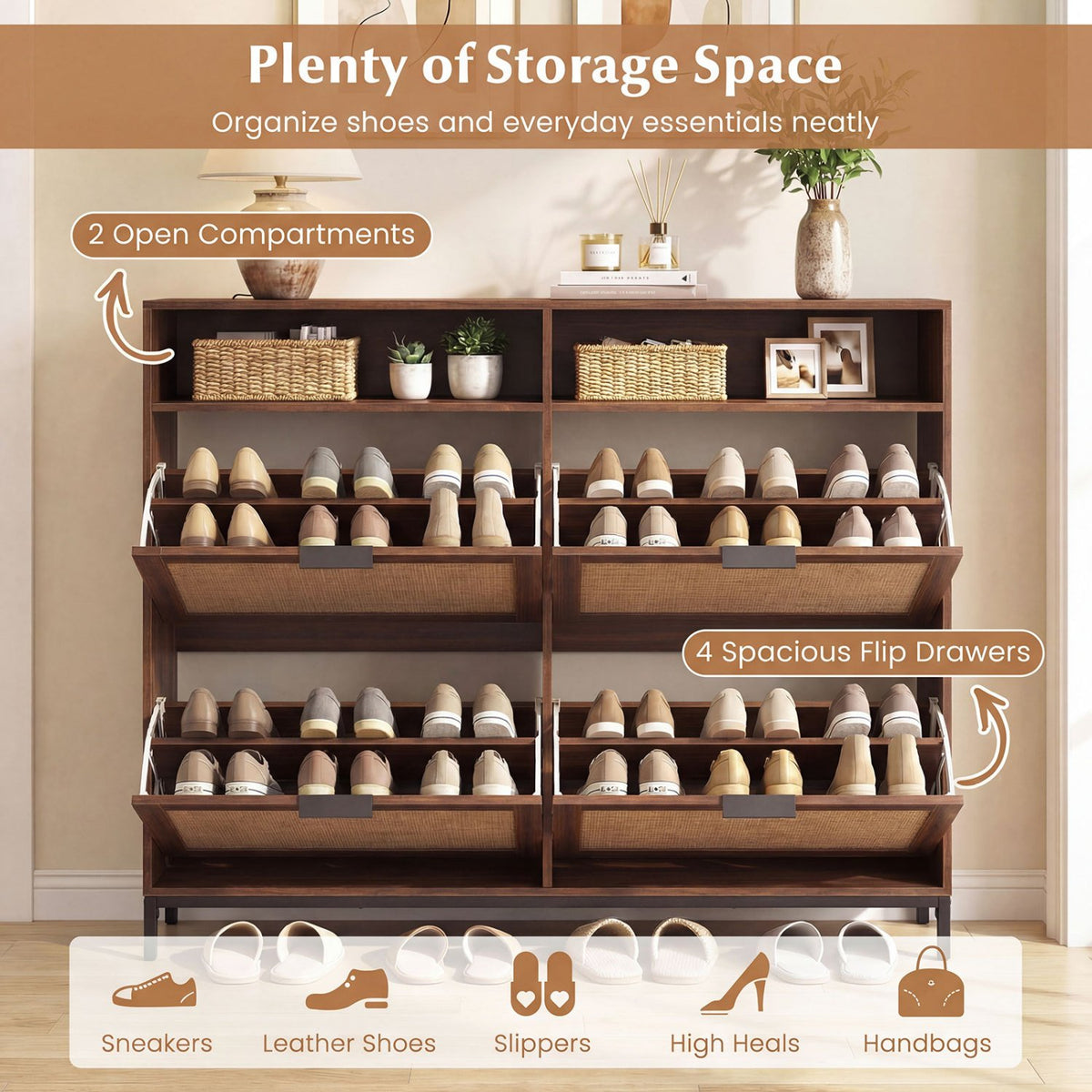 Shoe Storage Cabinet with 4 Flip Drawers Narrow Freestanding Shoe Organizer with Adjustable Shelves-Brown view 7