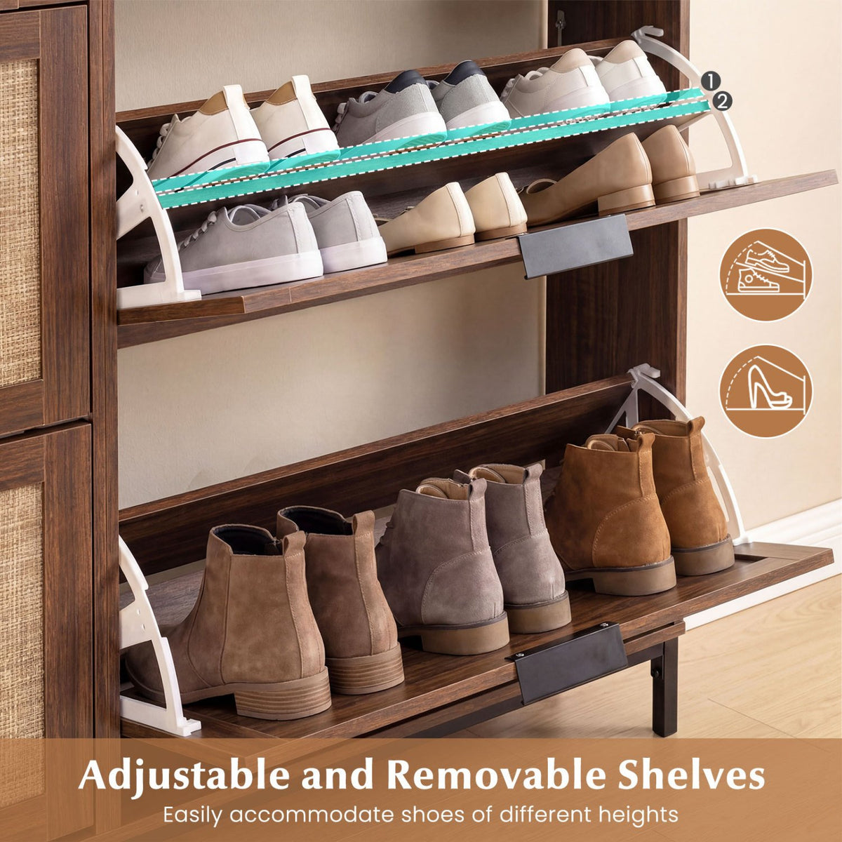 Shoe Storage Cabinet with 4 Flip Drawers Narrow Freestanding Shoe Organizer with Adjustable Shelves-Brown view 8