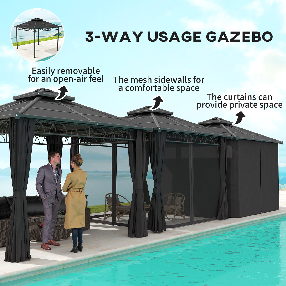 10' x 10' Outdoor Hardtop Gazebo Canopy w/ Double PC Roof, Steel Frame, Nettings – view 4