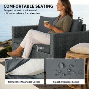 2 Seater Outdoor Couch Patio Sofa with Deep Seat, Cushions, Wide Armrests for Garden, Balcony, Porch, Dark Grey