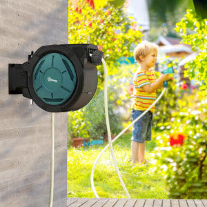 1/2 in x 65ft Wall Mounted Garden Hose Reel, Retractable Water Hose Reel with Auto Rewind, Any Length Lock, Blue