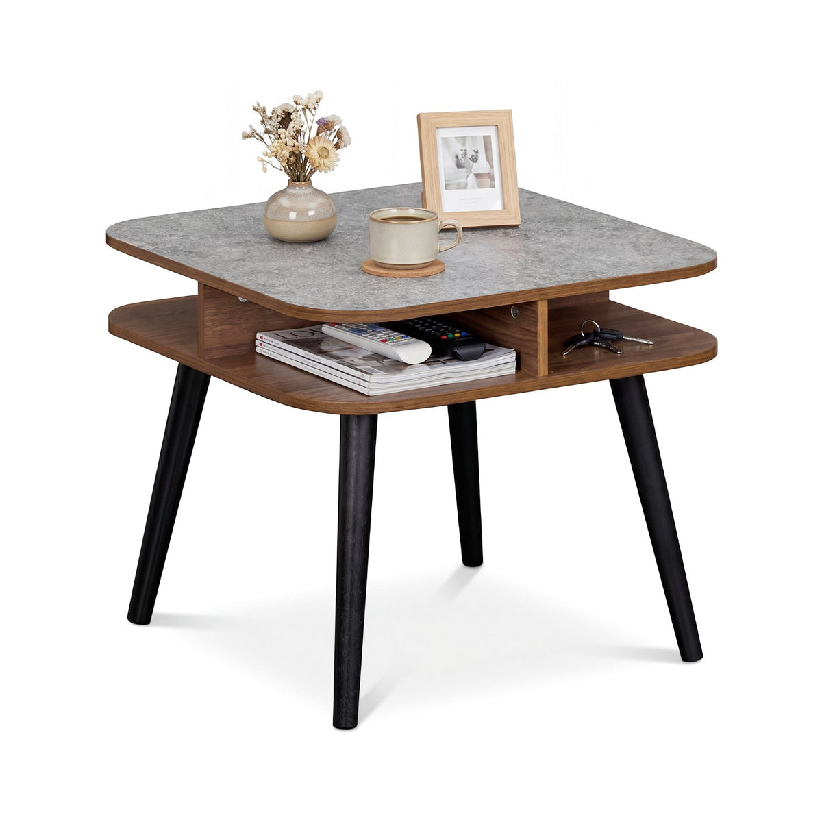 Side Table Faux Marble End Table with Storage Shelves and Rubber Wood Legs-Walnut