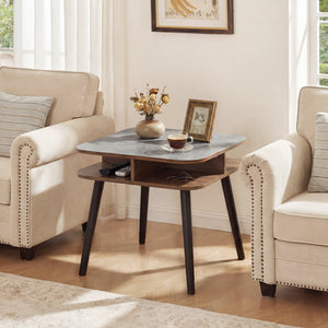 Side Table Faux Marble End Table with Storage Shelves and Rubber Wood Legs-Walnut view 2
