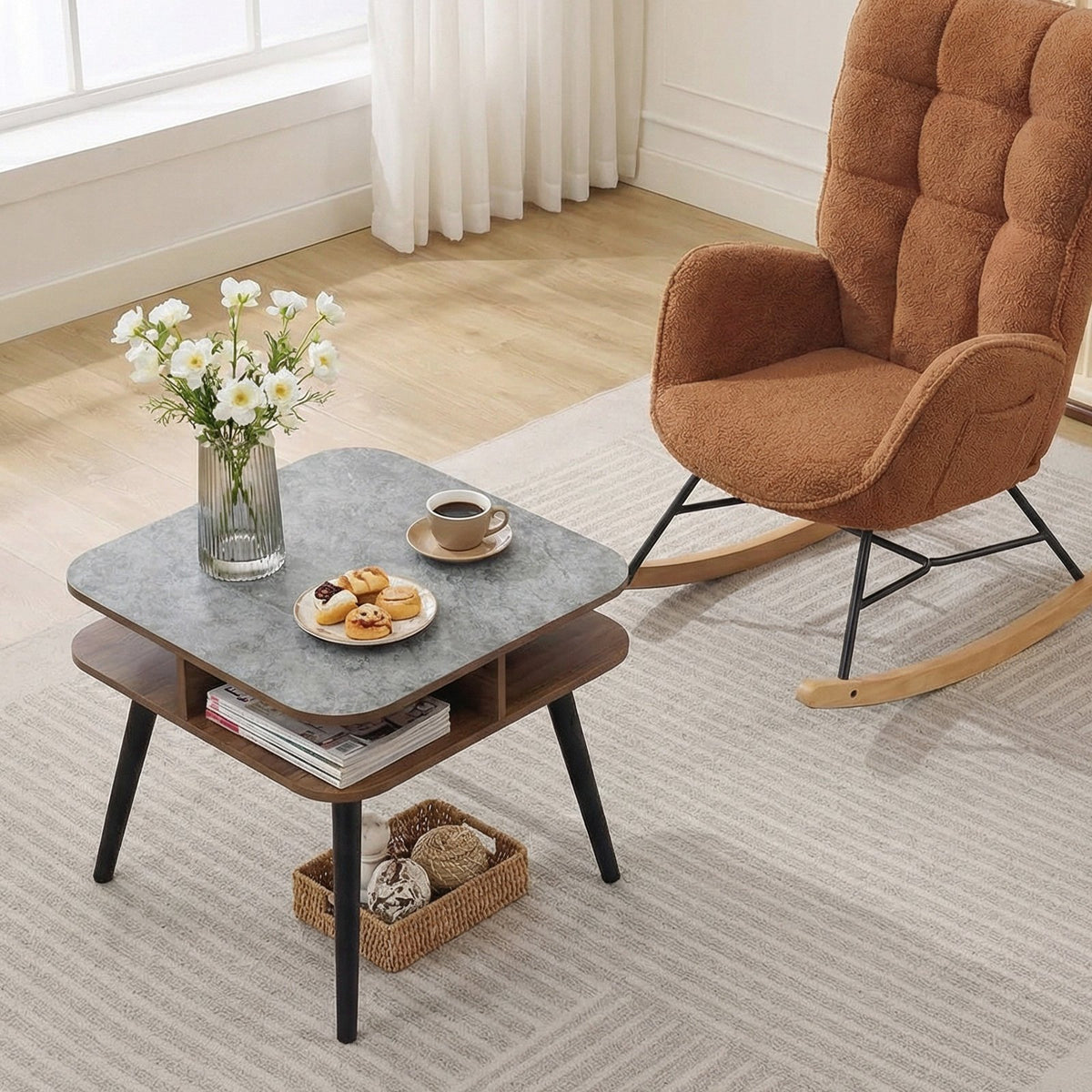 Side Table Faux Marble End Table with Storage Shelves and Rubber Wood Legs-Walnut view 3