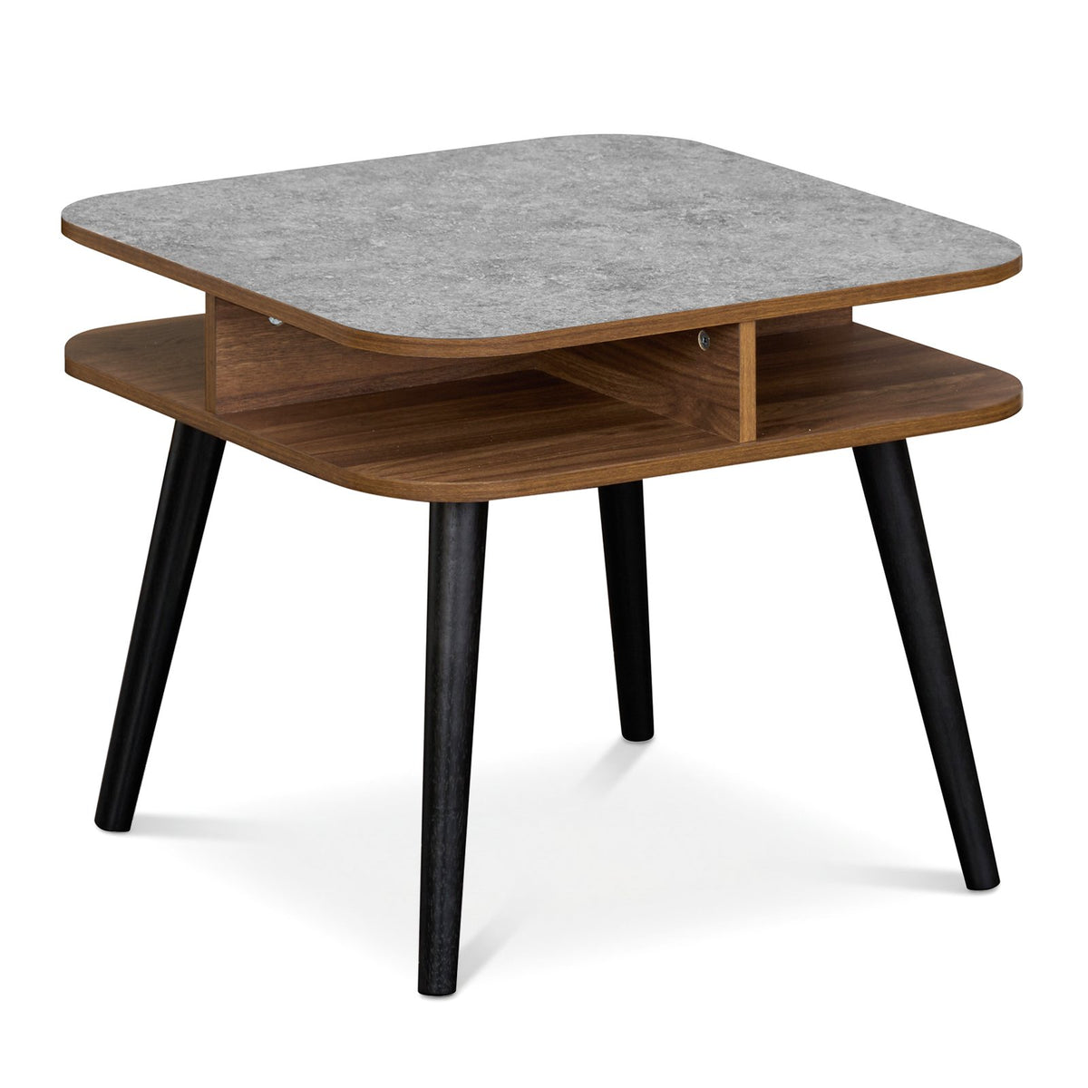 Side Table Faux Marble End Table with Storage Shelves and Rubber Wood Legs-Walnut view 4