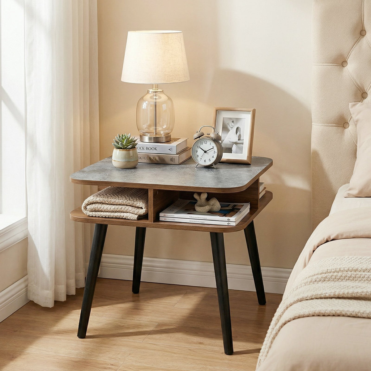 Side Table Faux Marble End Table with Storage Shelves and Rubber Wood Legs-Walnut view 6