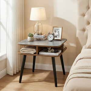 Side Table Faux Marble End Table with Storage Shelves and Rubber Wood Legs-Walnut view 6