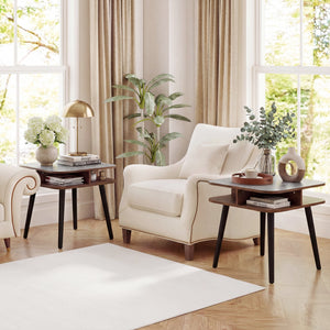 Side Table Faux Marble End Table with Storage Shelves and Rubber Wood Legs-Walnut view 7