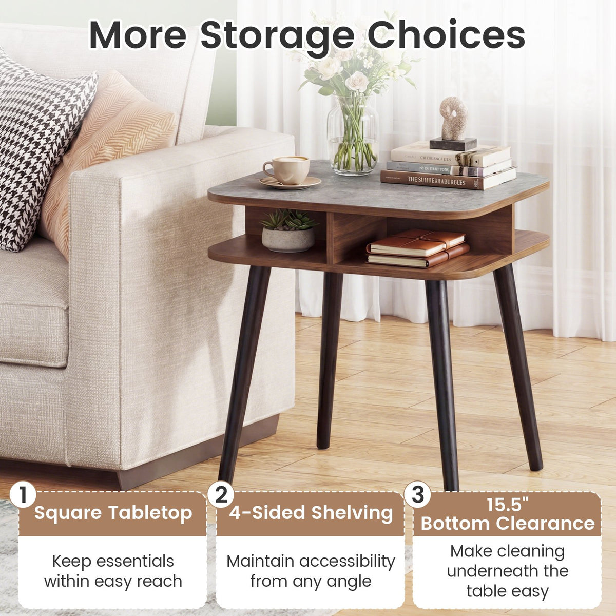 Side Table Faux Marble End Table with Storage Shelves and Rubber Wood Legs-Walnut view 9