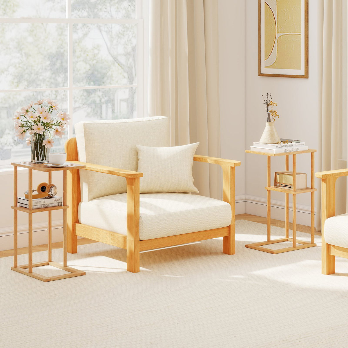 Side Table Set of 2 with Storage Shelves and Bamboo Construction-Natural view 2