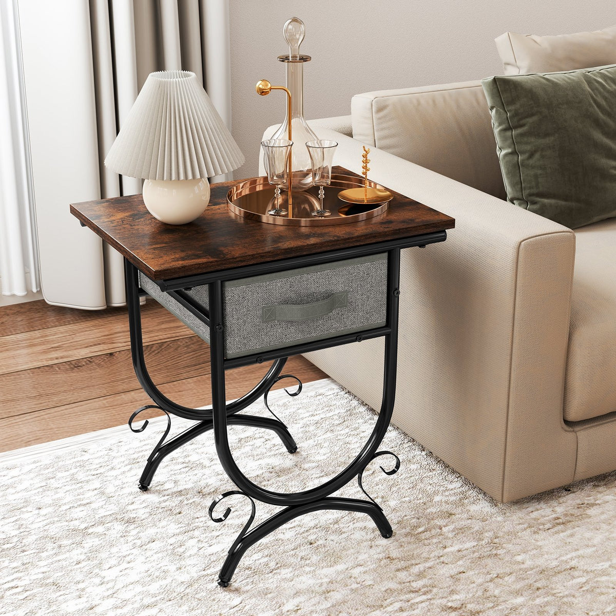 Side Table with Fabric Drawer and Carved Metal Frame for Living Room view 2